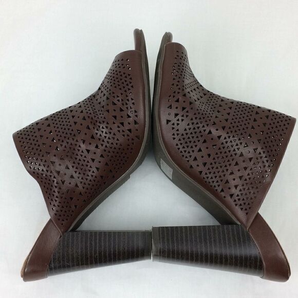 Cato Laser Cut Punch Design Brown Vegan Leather Slip on Heeled Mules - Picture 3 of 8